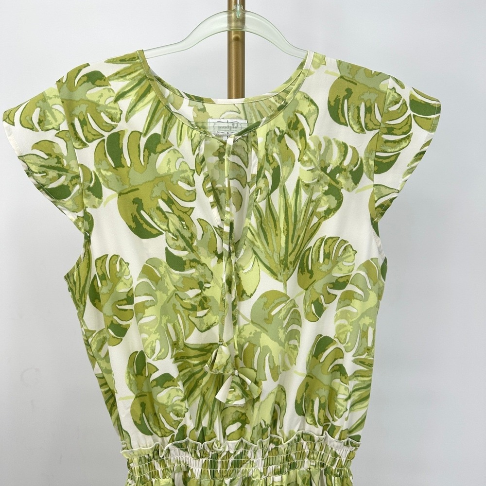Mud Pie Palm Leaf Dress M Smocked Waist Ruffle Tiered Green/White Coastal Vacay - Picture 7 of 9